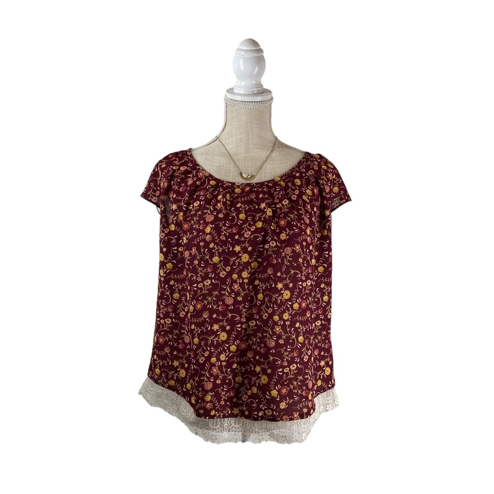 Lauren Conrad Red Short Sleeve Top with Pink and Yellow Floral Pattern